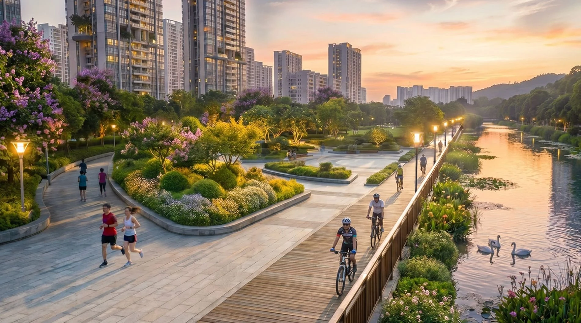 Cư dân chạy bộ và đạp xe trên con đường lát gỗ ven sông ngập tràn hoa cỏ