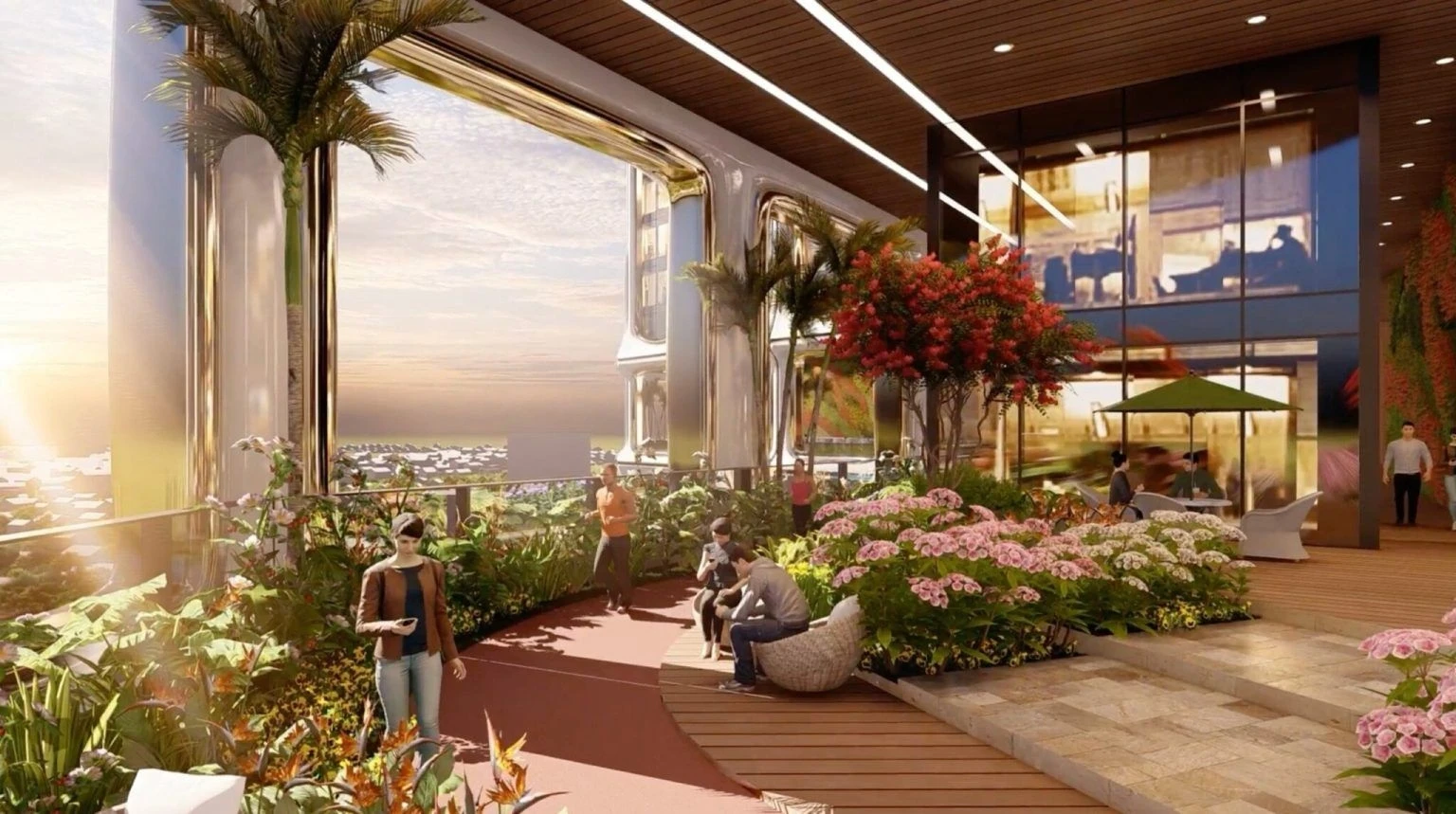 Cư dân thư giãn tại vườn nhiệt đới trên cao của chung cư Golden Crown Hải Phòng.