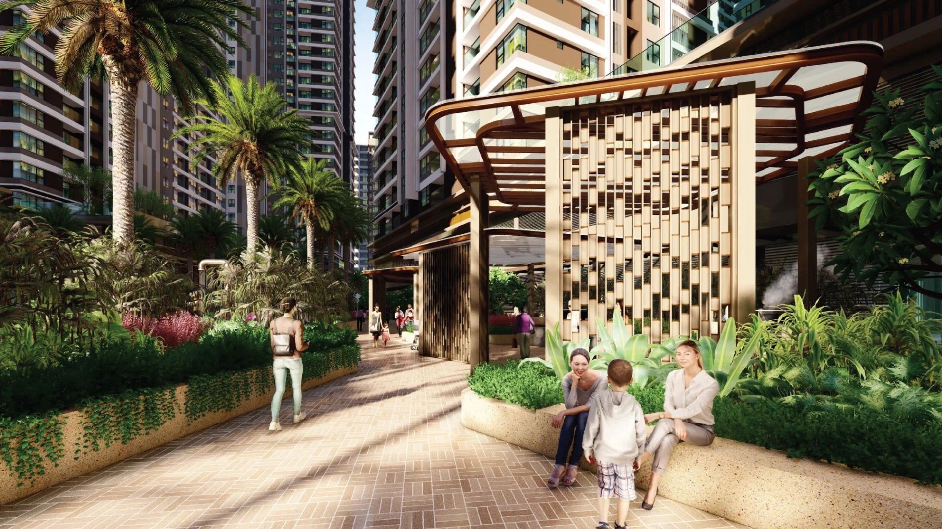 Cư dân ngồi trò chuyện tại khu vực vườn thư giãn nhiều cây xanh của Akari City.