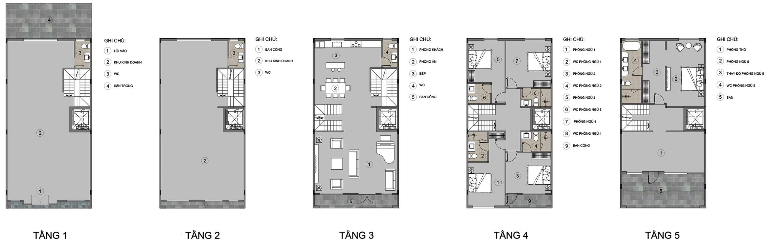 Layout sản phẩm shophouse kyoto được thiết kế 5 tầng.
