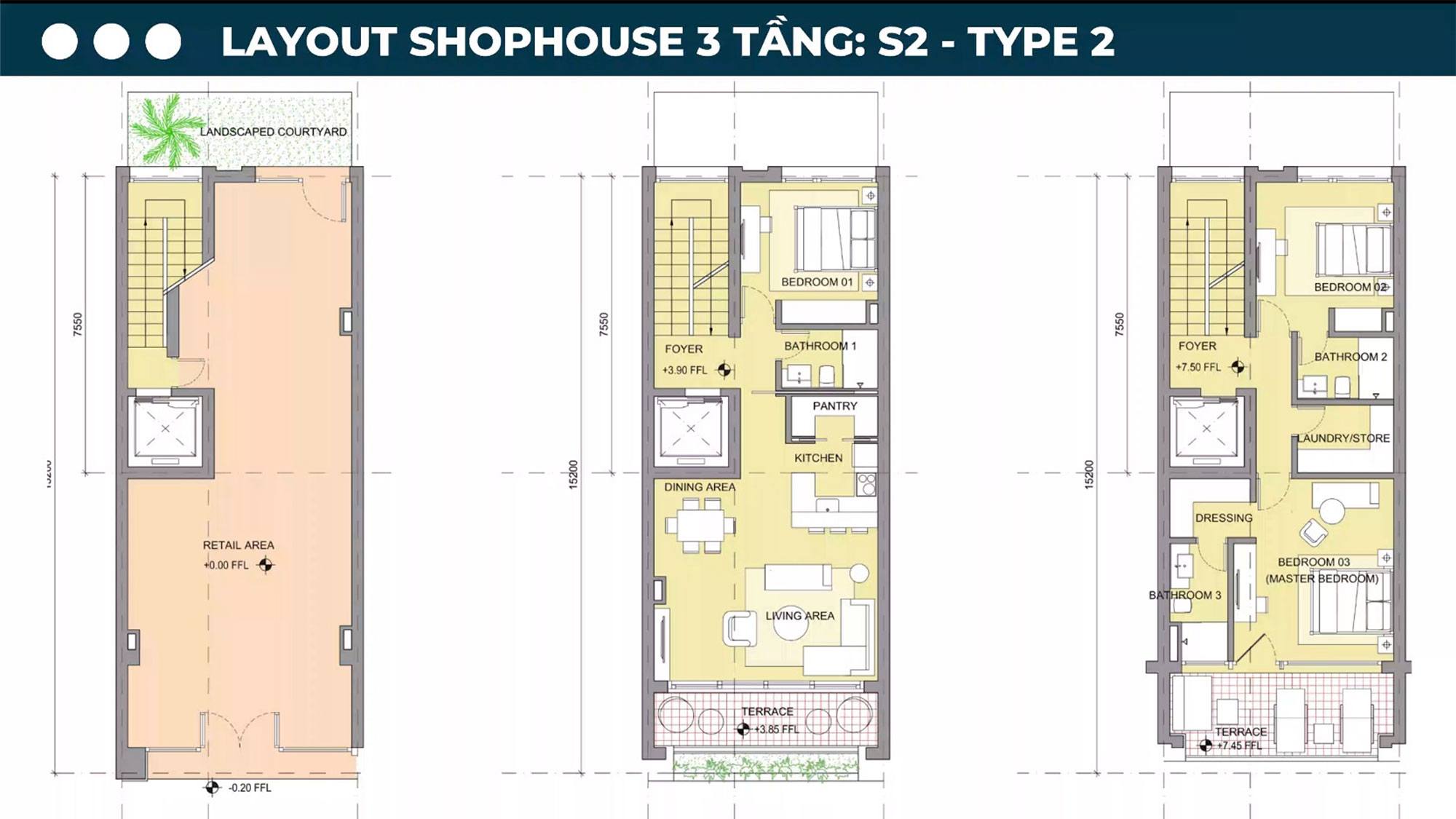 Layout thiết kế Shophouse 3 tầng S2 tại Sun Symphony Đà Nẵng.
