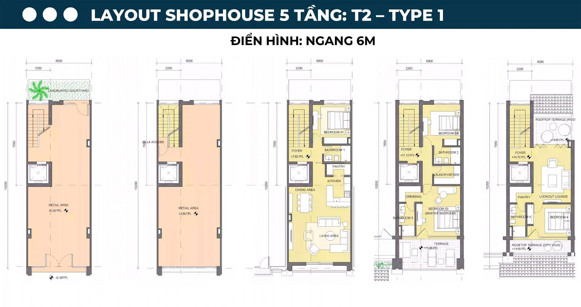 Layout thiết kế Shophouse 5 tầng T2 tại Sun Symphony Residence.