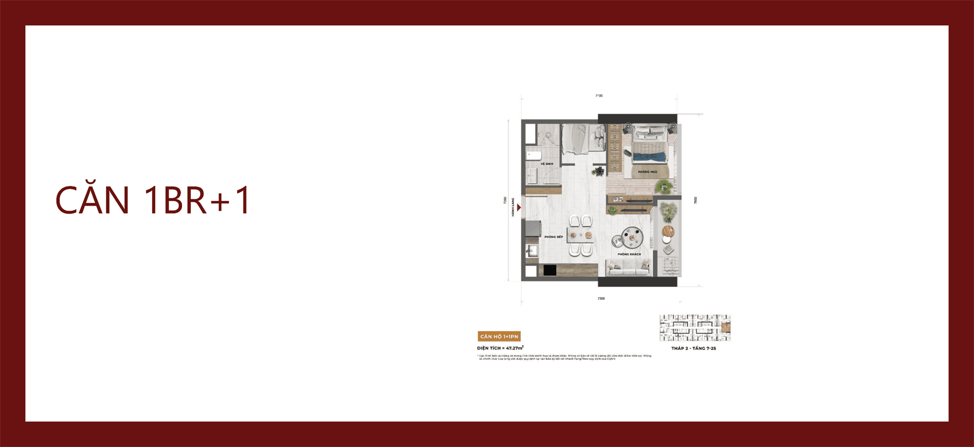 Layout thiết kế căn hộ 1BR+1 tại Sun Feliza Suites Cầu Giấy của chủ đầu tư Sun Group