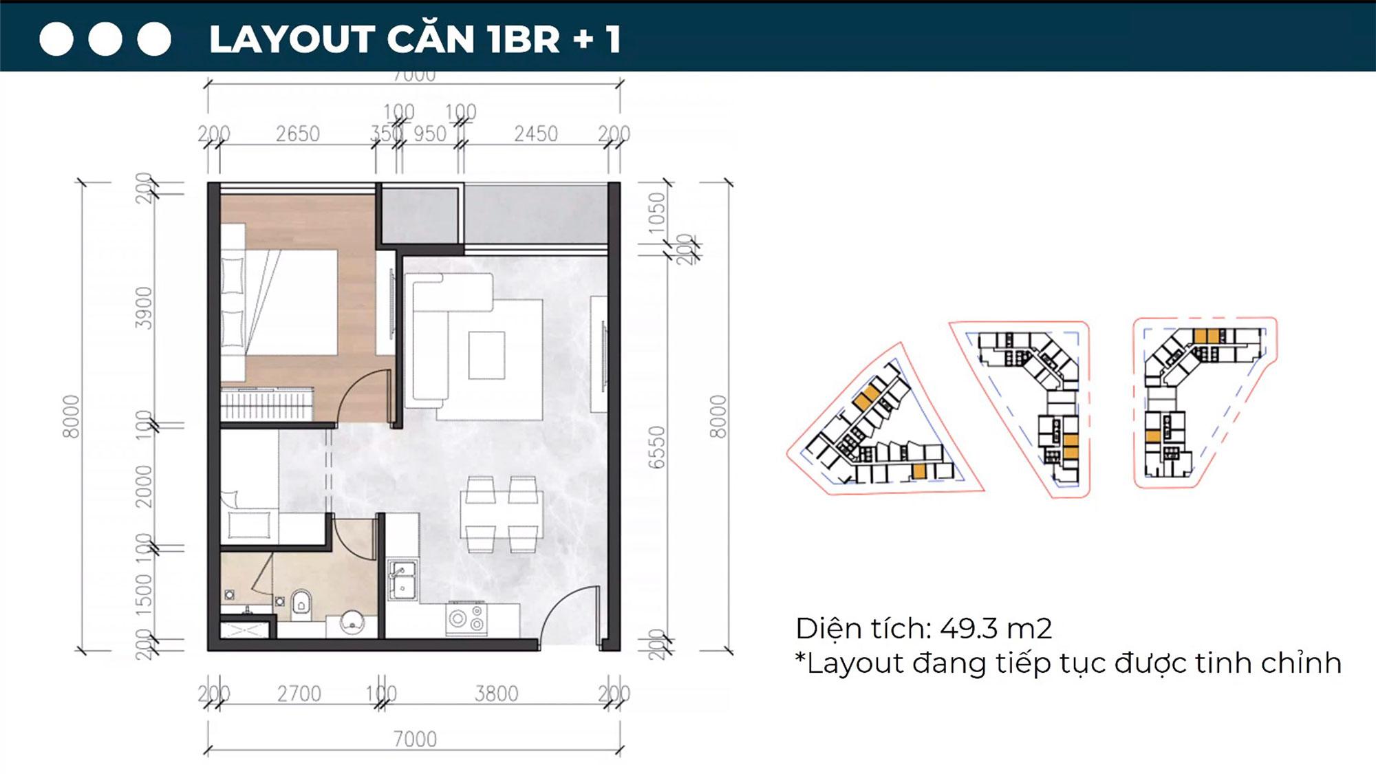 Layout thiết kế căn hộ 1PN+1 diện tích 49,3m2 tại dự án Sun Symphony Residence Đà Nẵng.