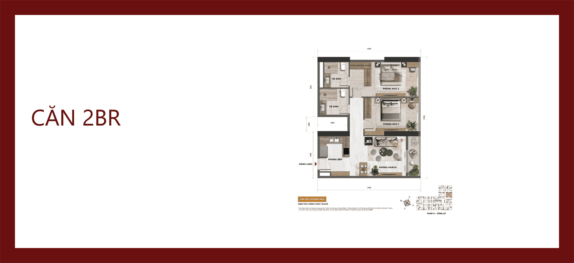 Layout thiết kế căn hộ 2BR tại Sun Feliza Suites Cầu Giấy của chủ đầu tư Sun Group