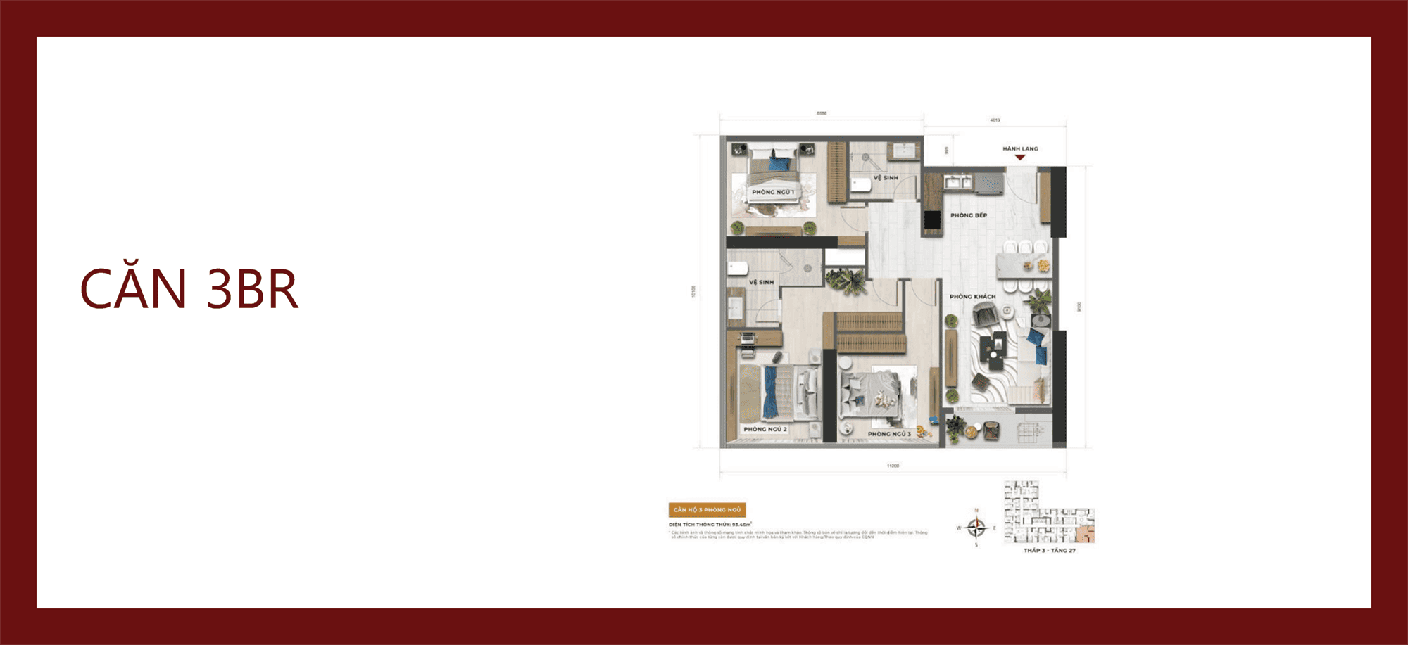 Layout thiết kế căn hộ 3BR tại Sun Feliza Suites Cầu Giấy của chủ đầu tư Sun Group