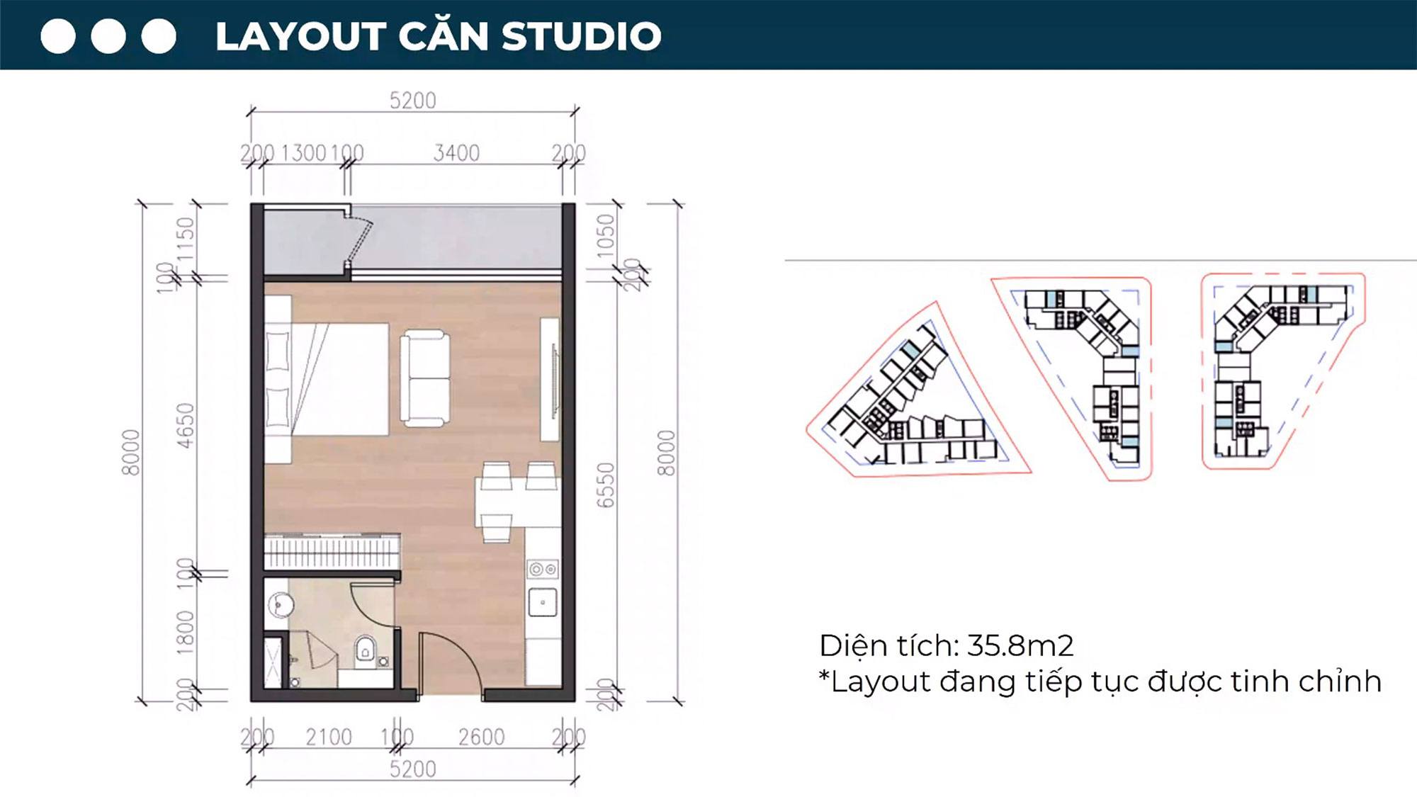 Layout thiết kế căn hộ Studio, diện tích 35,8m2 tại dự án Sun Symphony Residence Đà Nẵng.