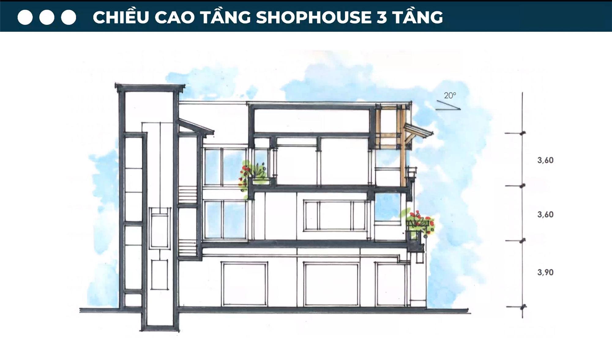 Mặt cắt đứng Shophouse 3 tầng tại Sun Symphony Residence.