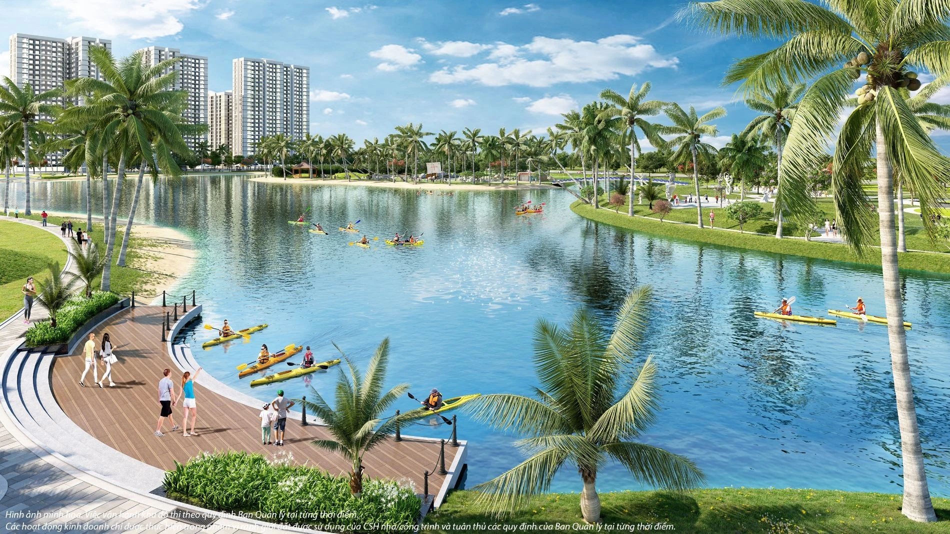 Cư dân chèo thuyền Kayak giải trí tại hồ nước Vinhomes Grand Park