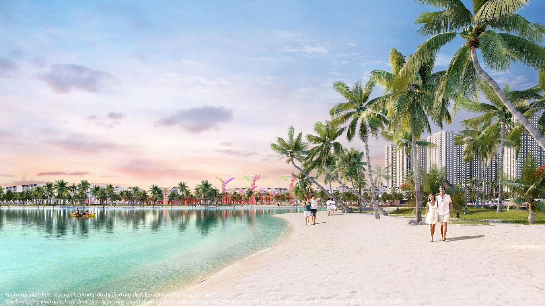 Cư dân dạo bộ trên bãi cát trắng ven hồ tại Vinhomes Grand Park