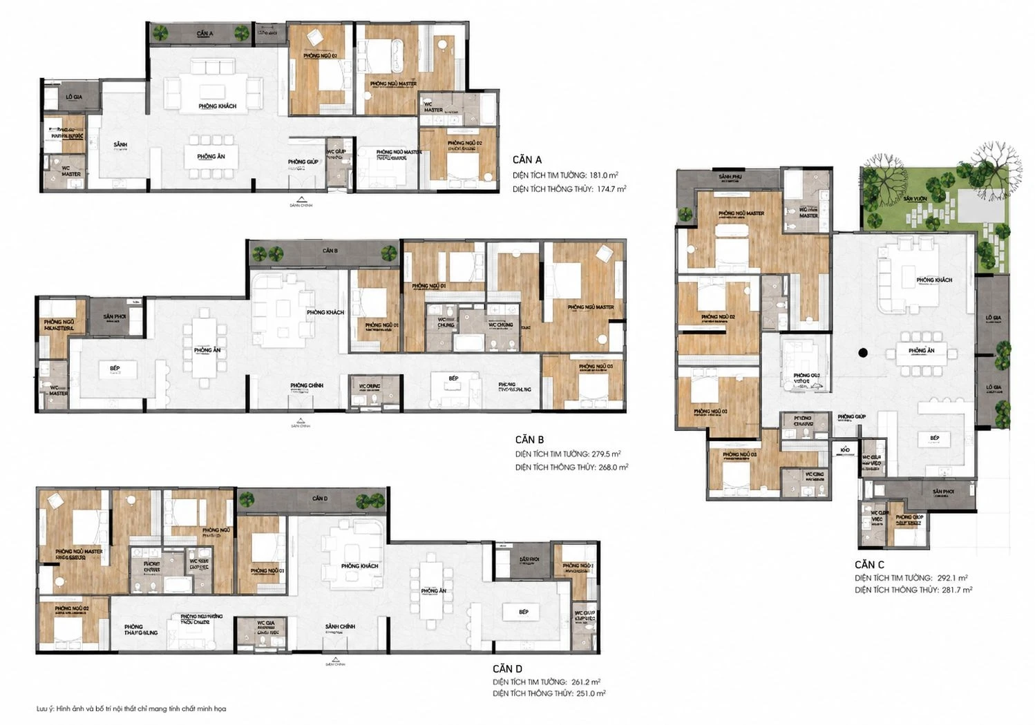Bản vẽ mặt bằng layout các căn hộ diện tích lớn loại A, B, C, D chung cư Elysian Lò Lu