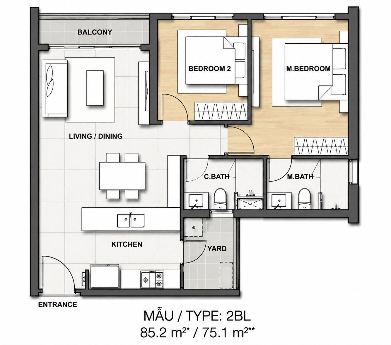 Layout thiết kế căn hộ 2 phòng ngủ diện tích 85.2m2 tại Palm City