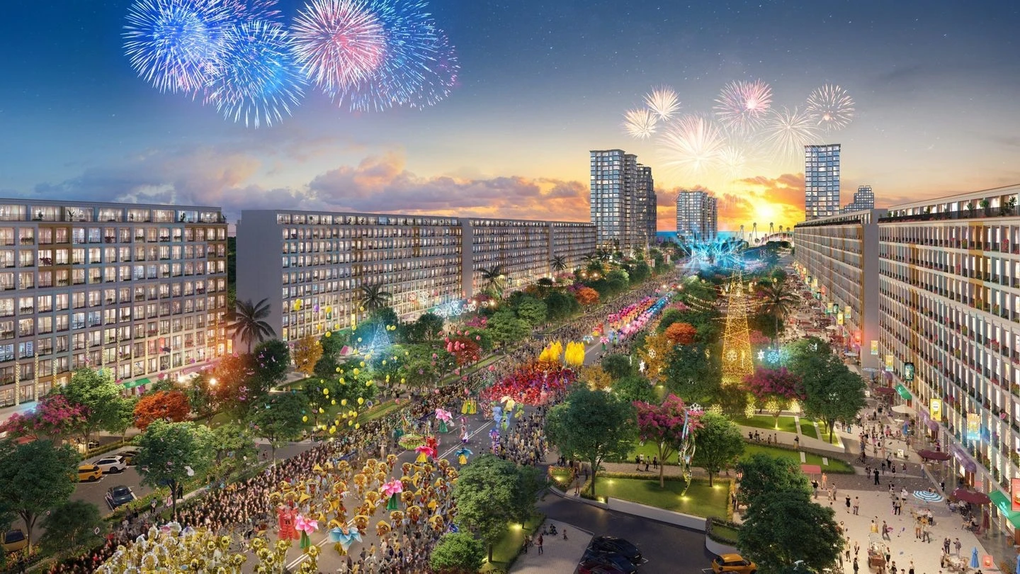 Đoàn diễu hành carnival đầy màu sắc trên đại lộ Sun Grand Boulevard ban ngày
