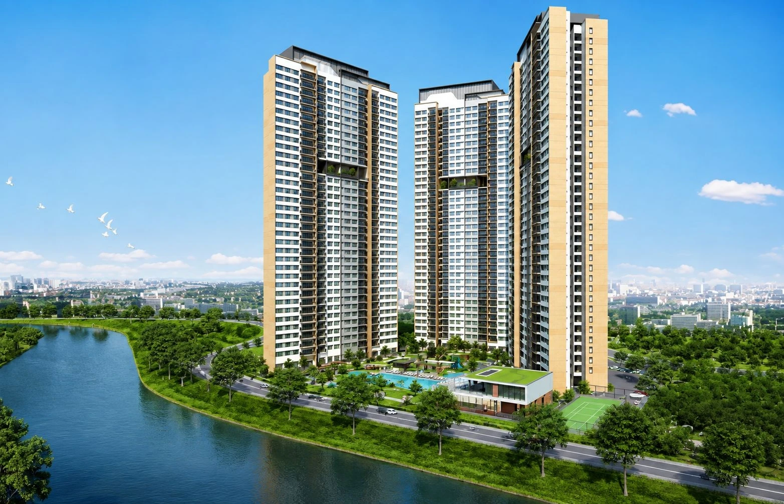 Phối cảnh kiến trúc 3 tòa tháp căn hộ Palm Heights nằm ven sông trong khu đô thị Palm City