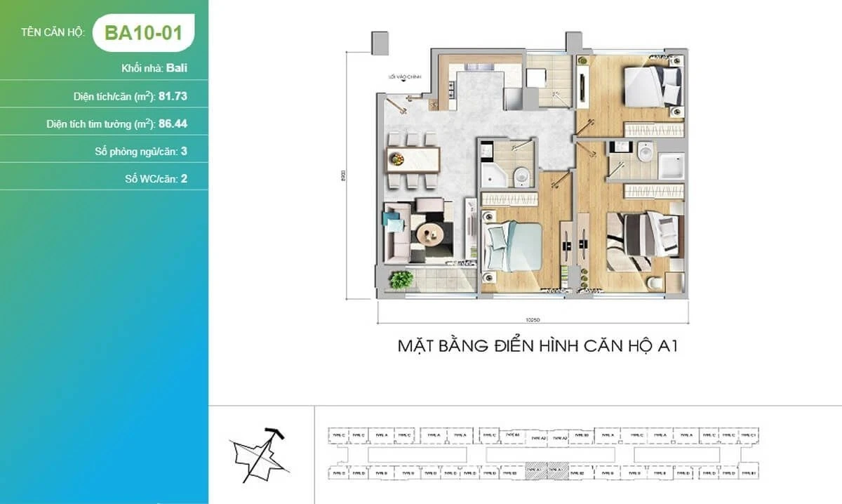 Sơ đồ bố trí căn hộ 3 phòng ngủ BA10-01 tháp Bali New City Thủ Thiêm