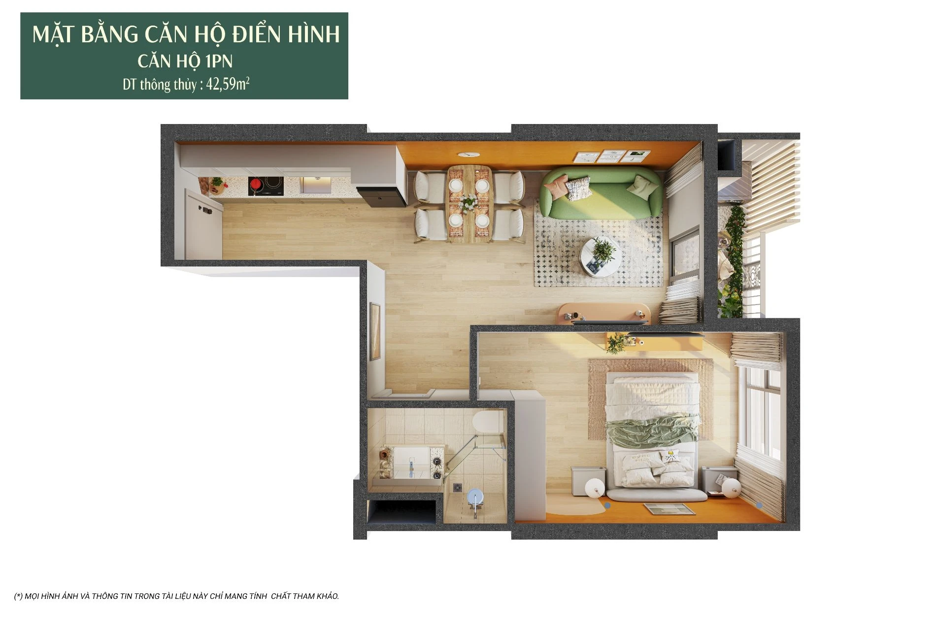 Bản vẽ 3D bóc mái căn hộ 1 phòng ngủ diện tích 42.59m2