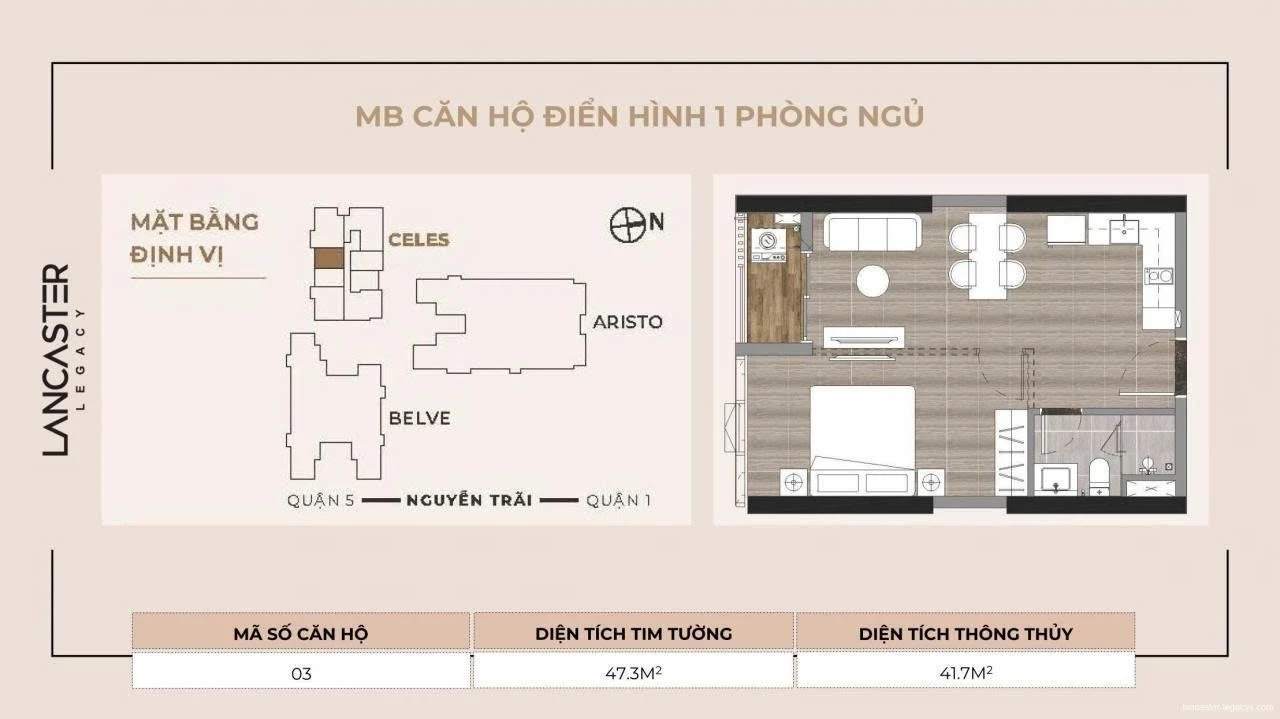 Layout chi tiết căn hộ 1 phòng ngủ diện tích 47.3m2 tại dự án Lancaster Legacy