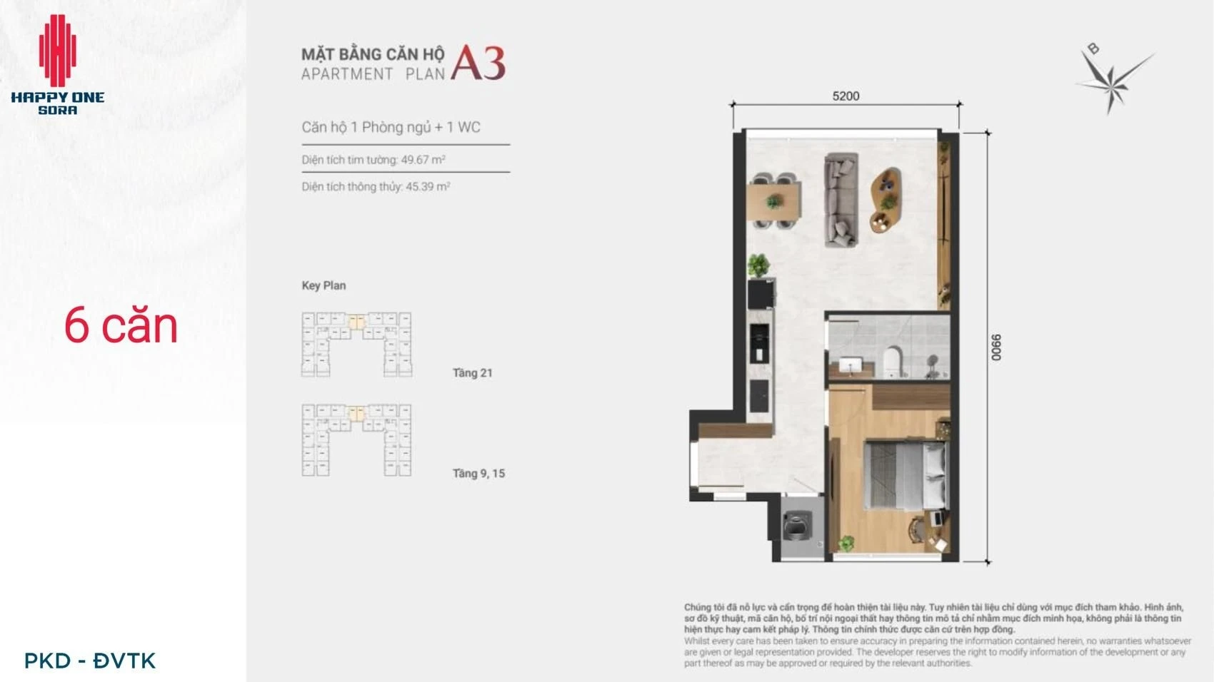 Bản vẽ layout căn hộ 1 phòng ngủ loại A3 dự án Happy One Sora