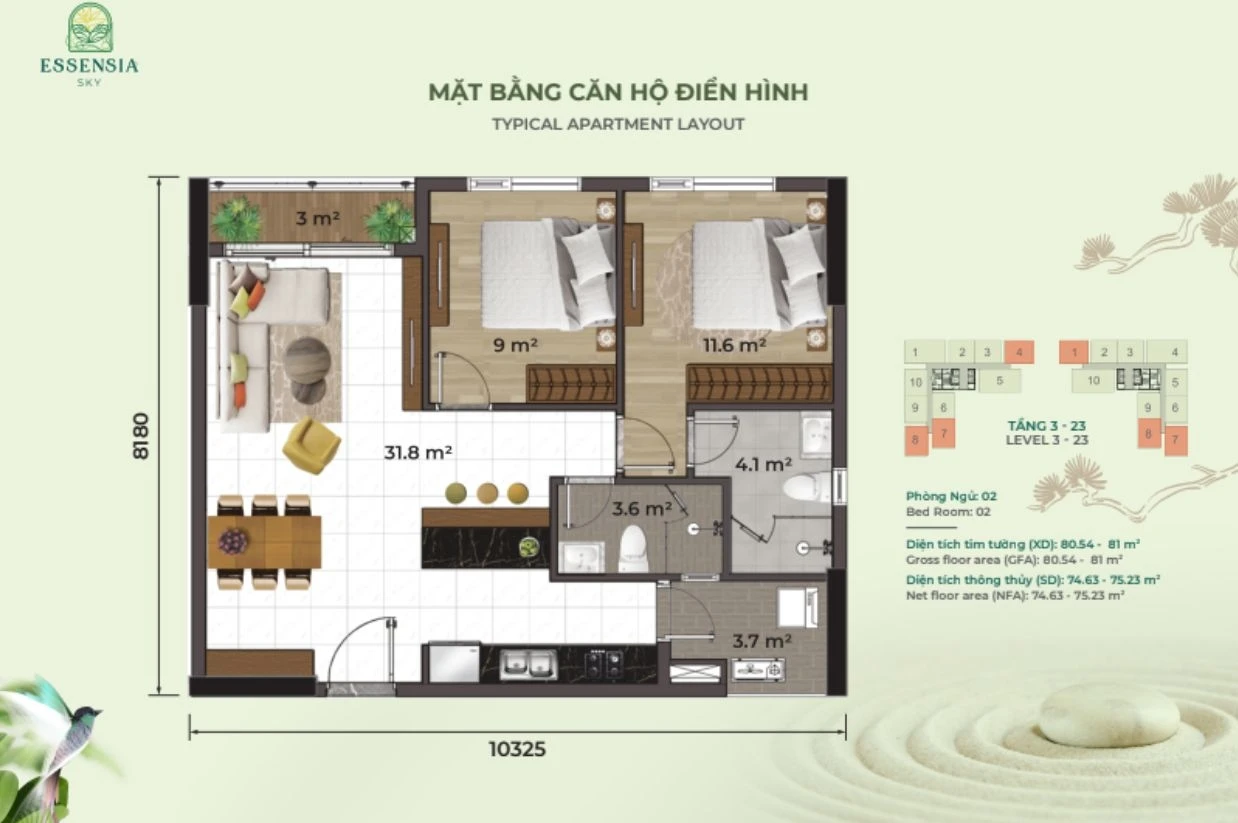 Bản vẽ bóc mái căn hộ 2 phòng ngủ diện tích 80.5m2 dự án Essensia Sky với logia rộng