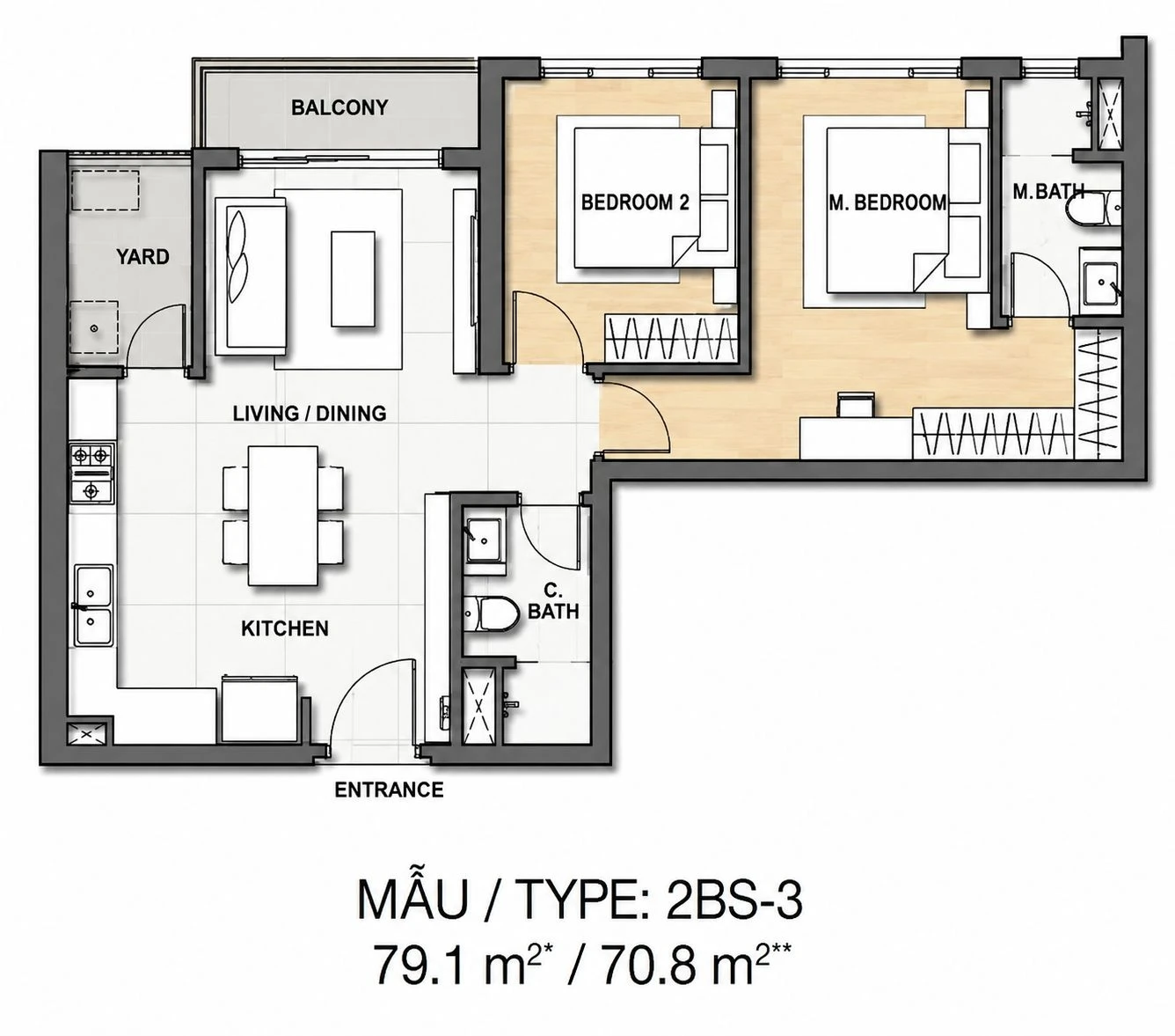 Thiết kế mặt bằng căn hộ 2 phòng ngủ diện tích 79.1m2 mẫu 2BS-3