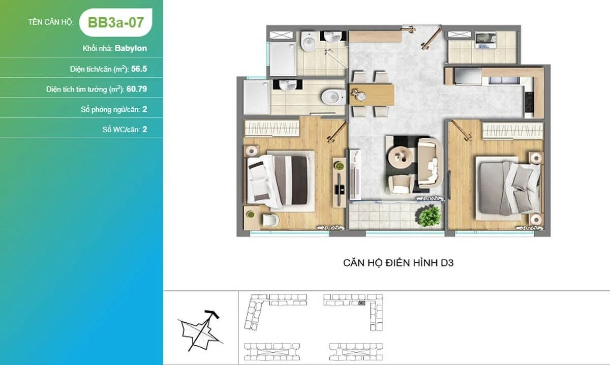 Layout thiết kế căn hộ 2 phòng ngủ mã BB3a-07 diện tích 60.79 m2 dự án New City Thủ Thiêm