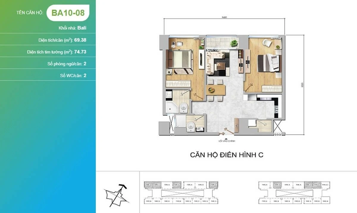 Sơ đồ mặt bằng căn hộ 2 phòng ngủ BA10-08 tháp Bali New City Thủ Thiêm