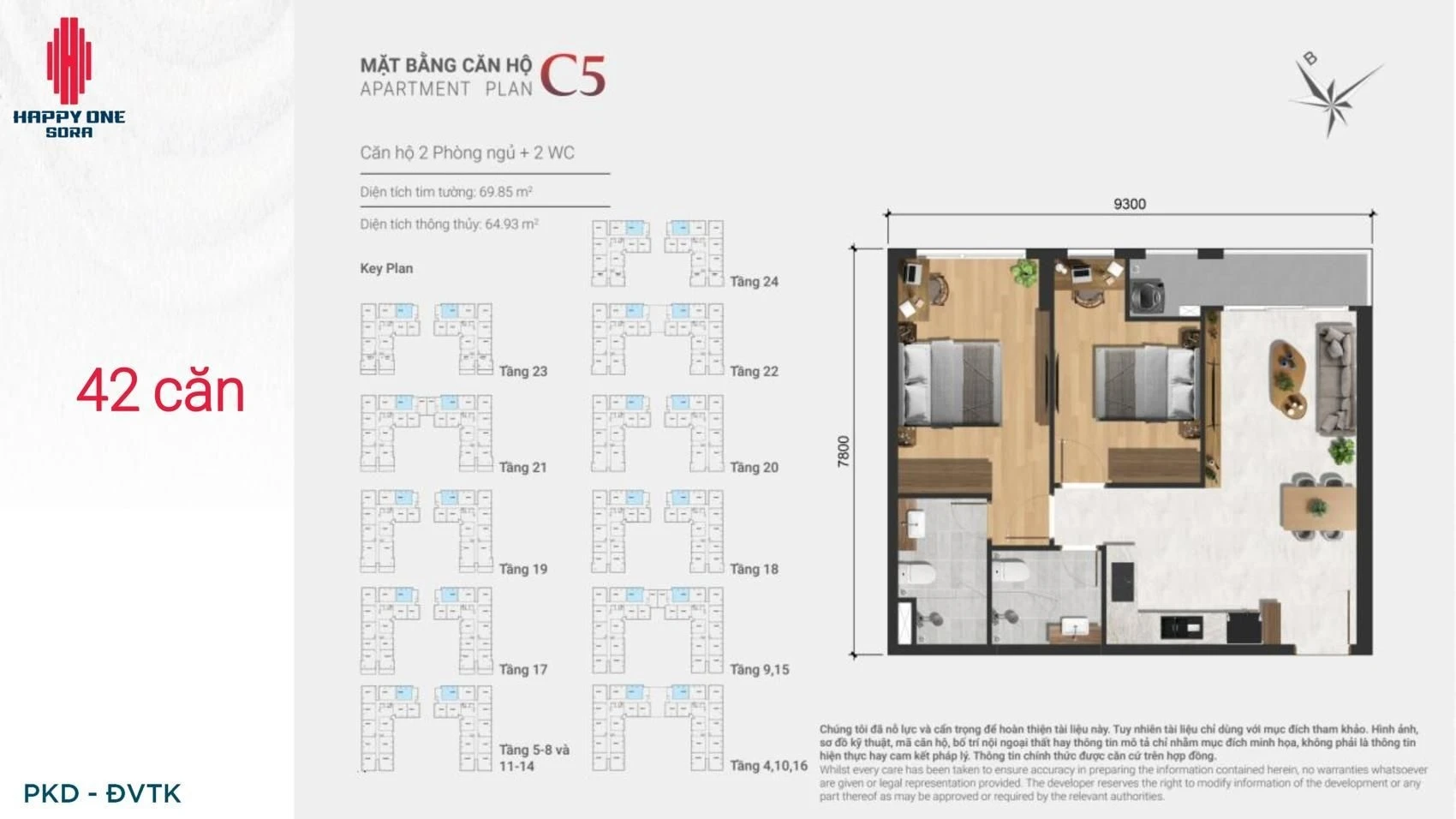 Bản vẽ layout căn hộ 2 phòng ngủ loại C5 dự án Happy One Sora