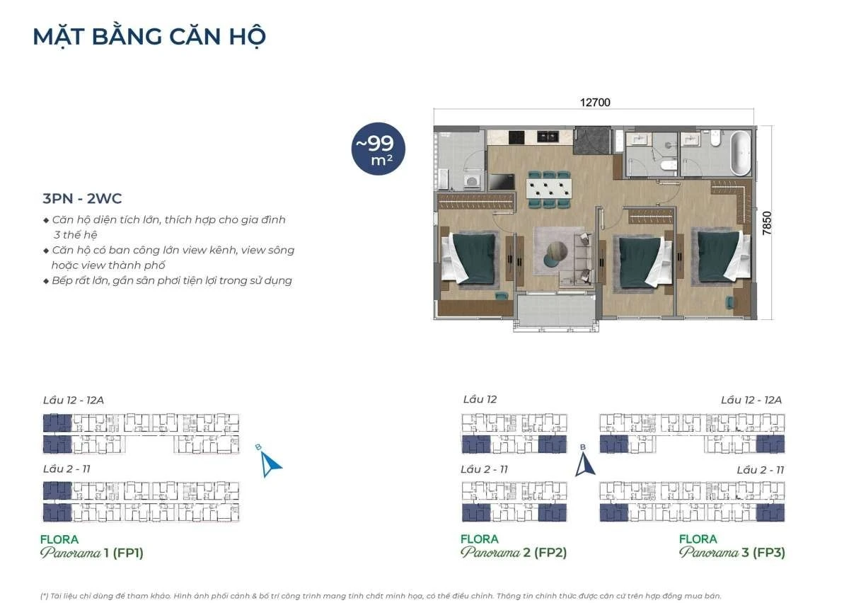 Bản vẽ bóc mái 3D thiết kế căn hộ 3 phòng ngủ 99m2 dự án Flora Mizuki Park