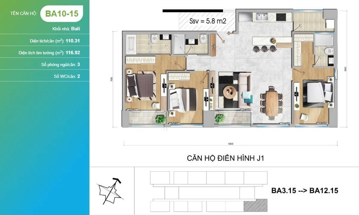 Chi tiết mặt bằng căn hộ 3 phòng ngủ lớn BA10-15 tháp Bali New City Thủ Thiêm