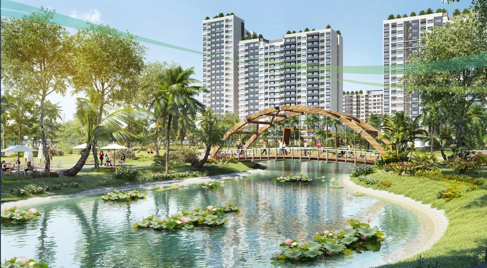 Cảnh quan hồ điều hòa và cầu gỗ đi bộ bên trong công viên dự án New City Thủ Thiêm