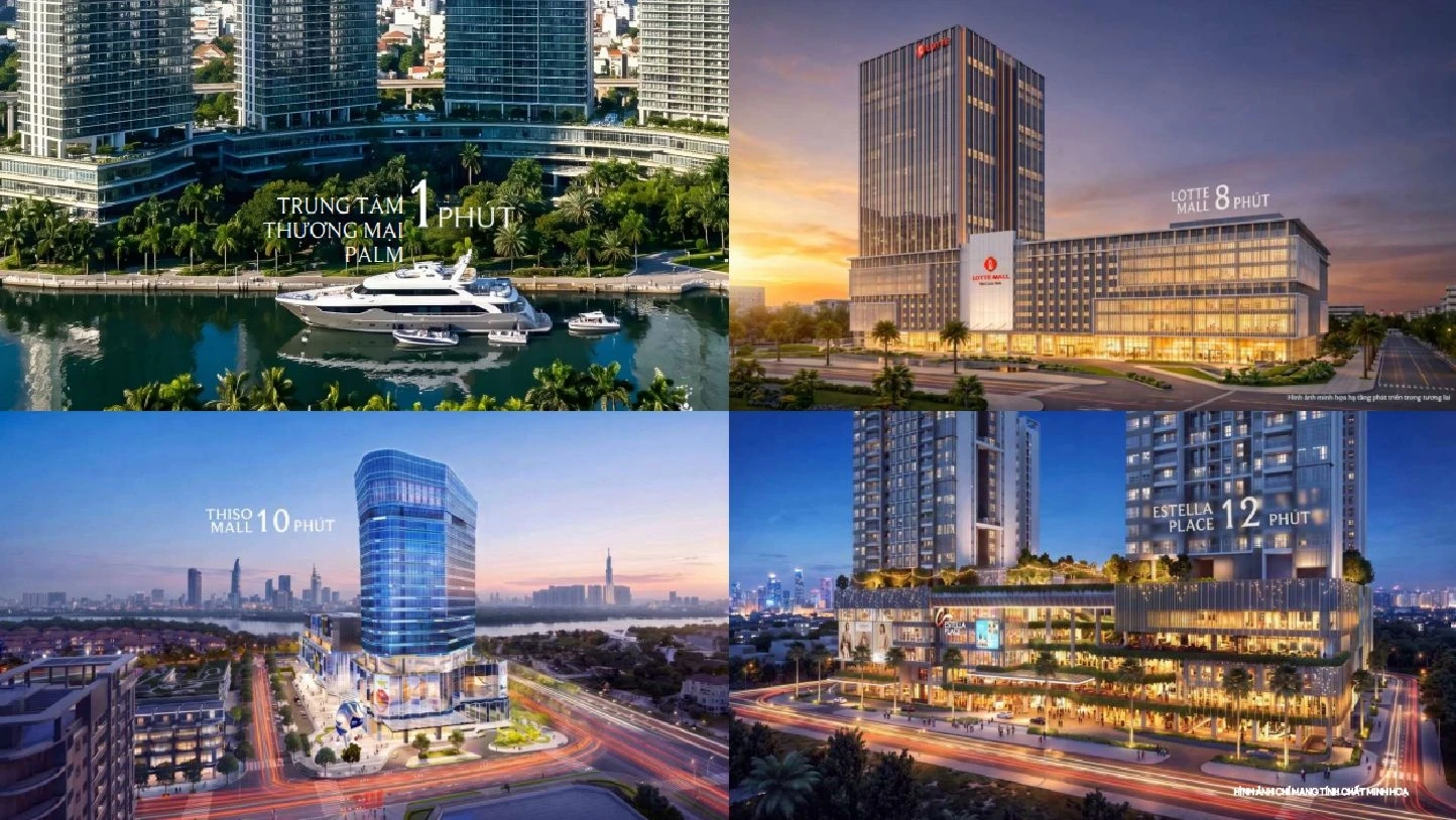 Hình ảnh các trung tâm mua sắm lớn như Estella Place, Lotte Mall, Thiso Mall tại Quận 2.