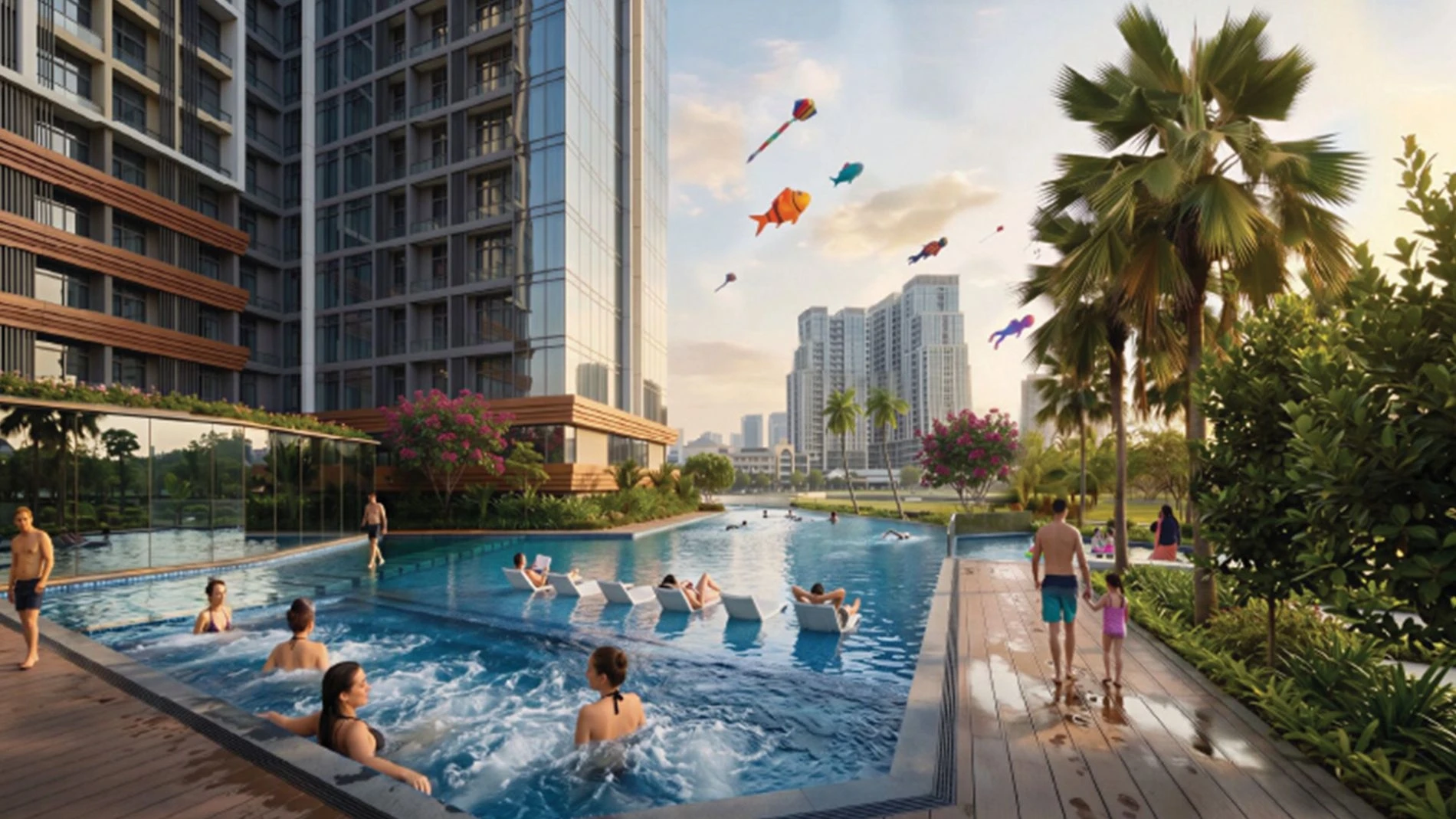 Cư dân bơi lội và thư giãn tại hồ bơi tiêu chuẩn resort nằm ngay dưới chân tòa tháp