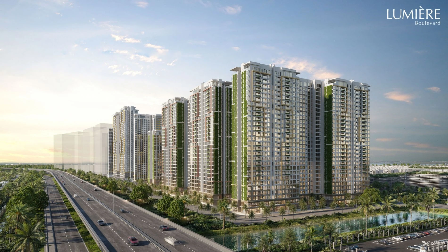 Phối cảnh kiến trúc xanh của dự án Lumiere Boulevard nằm cạnh trục đường lớn và sông tự nhiên
