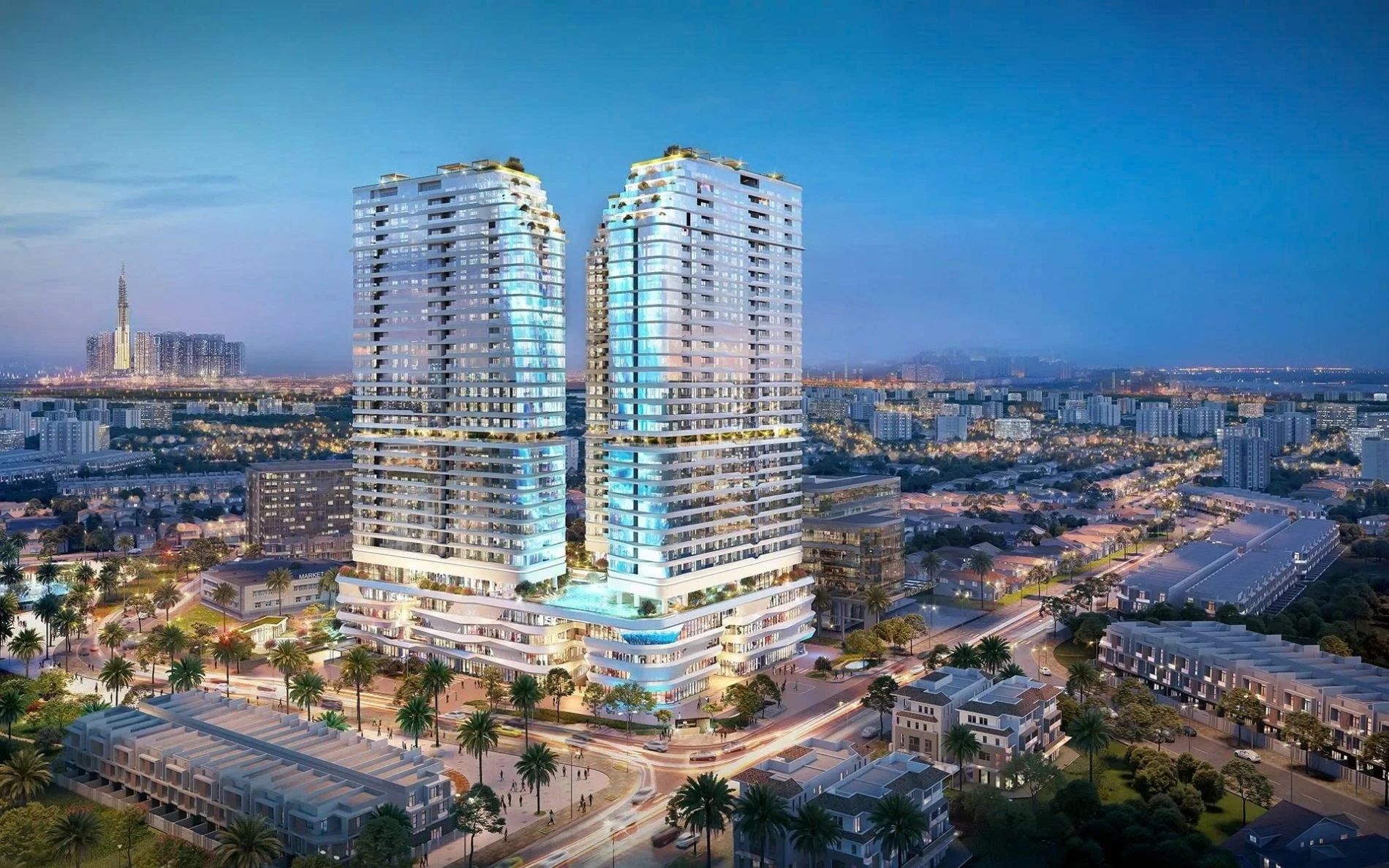 Hình ảnh thiết kế mặt ngoài hai tòa tháp căn hộ King Crown Infinity về đêm.
