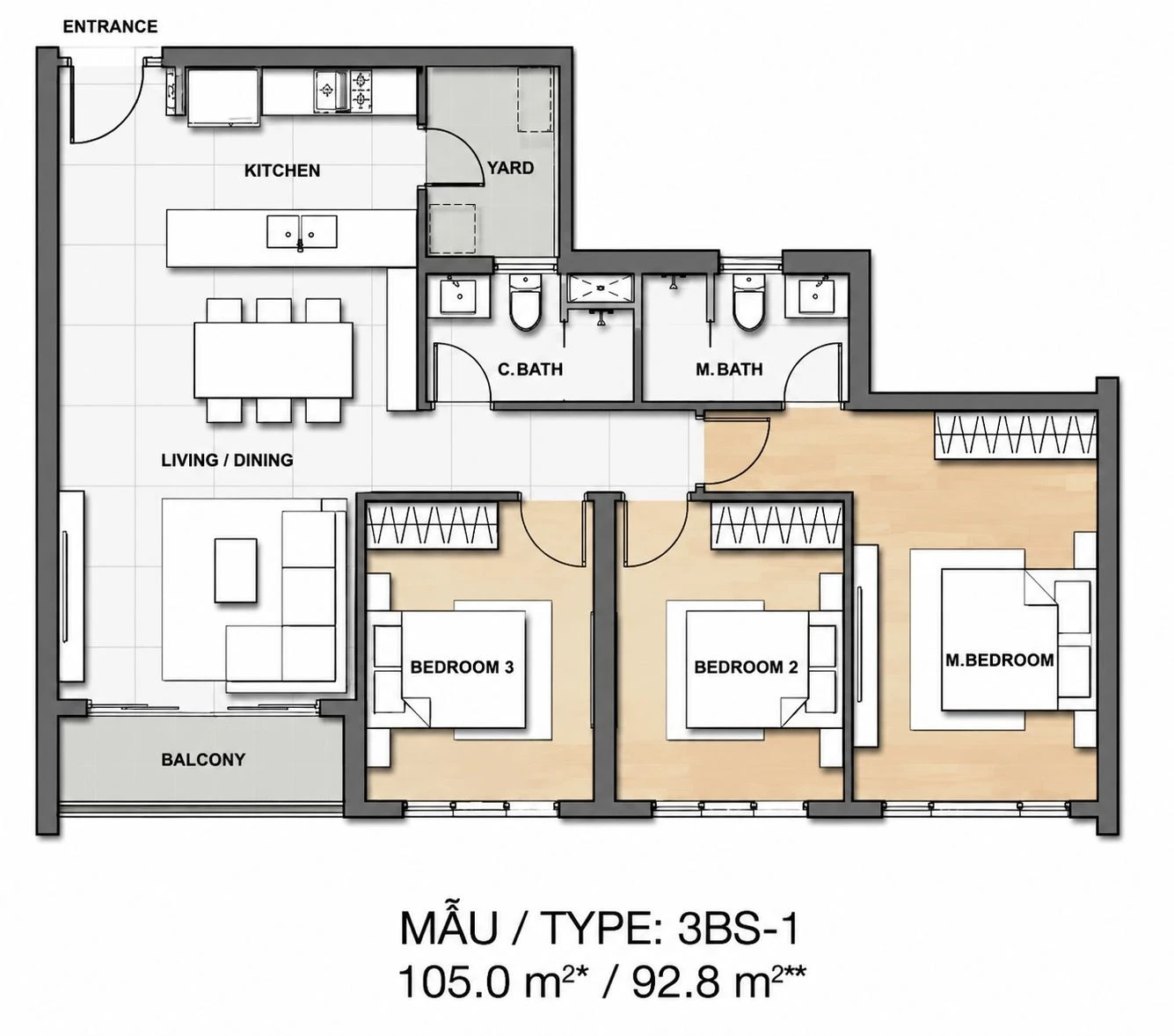 Layout thiết kế căn hộ 3 phòng ngủ diện tích 105m2 tại Palm City