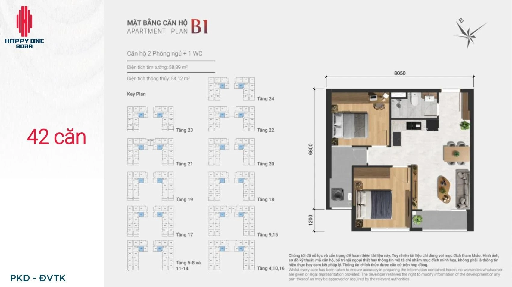Bản vẽ layout căn hộ 2 phòng ngủ loại B1 dự án Happy One Sora