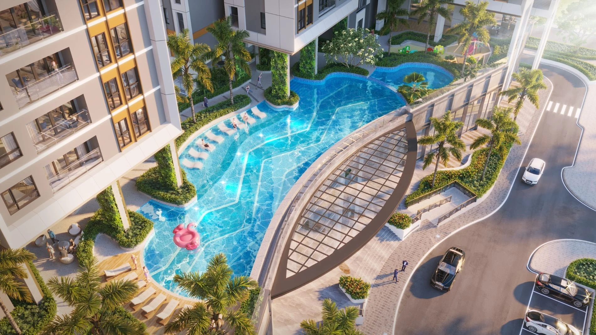 Góc nhìn trên cao toàn cảnh hệ thống hồ bơi uốn lượn mềm mại tại Essensia Sky