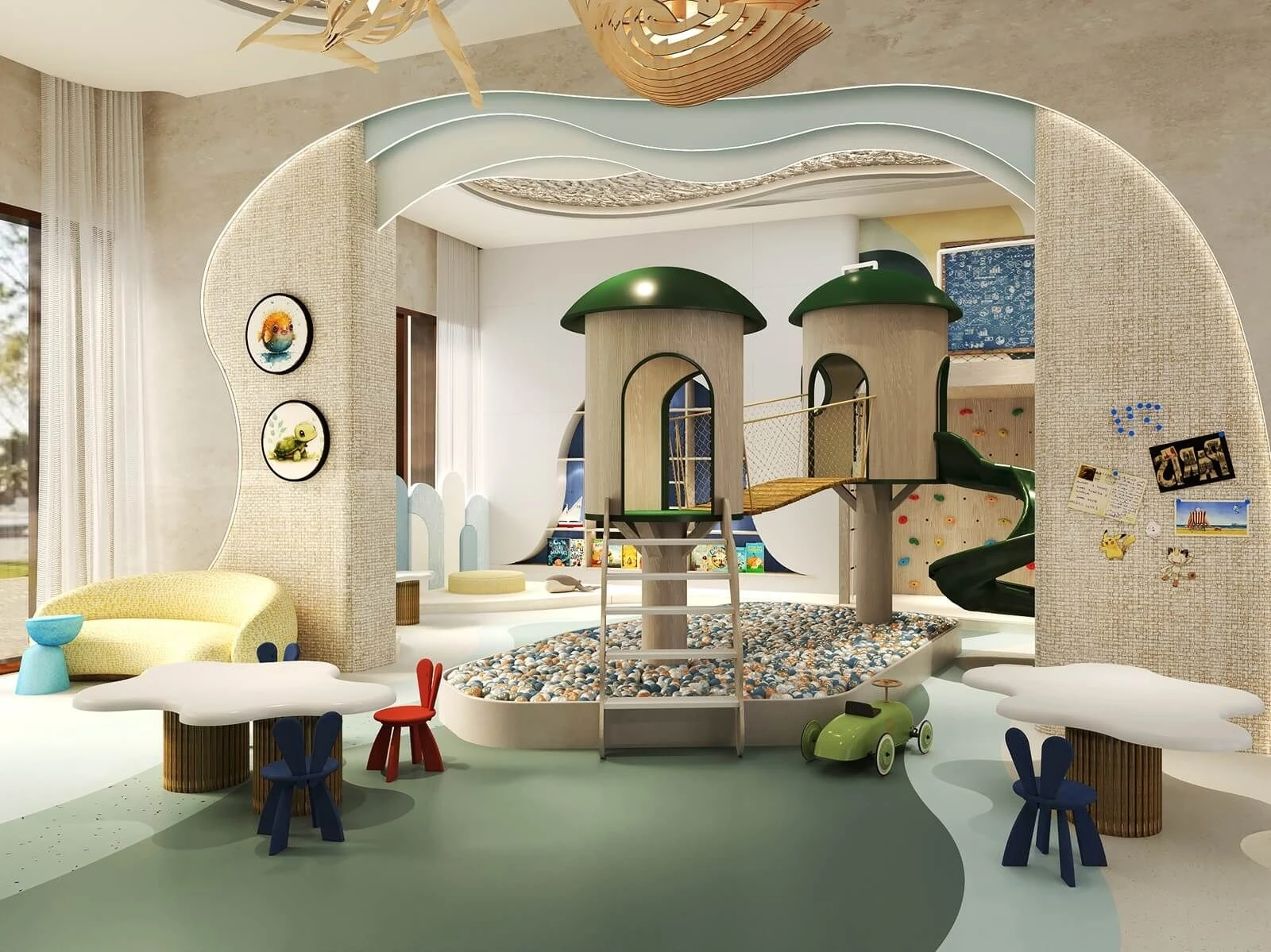 Phòng vui chơi trẻ em Kidzone với nhà bóng, cầu trượt và các góc hoạt động sáng tạo