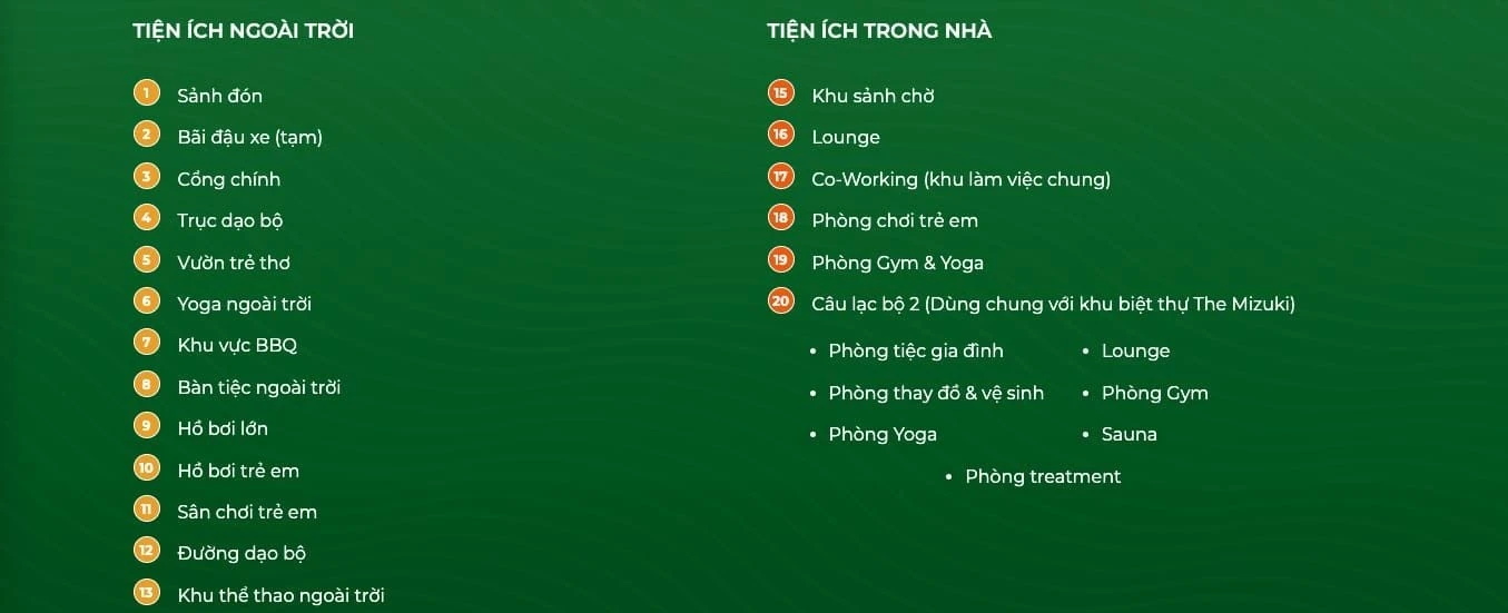 Bảng liệt kê chi tiết các hạng mục tiện ích nội khu ngoài trời và trong nhà của dự án