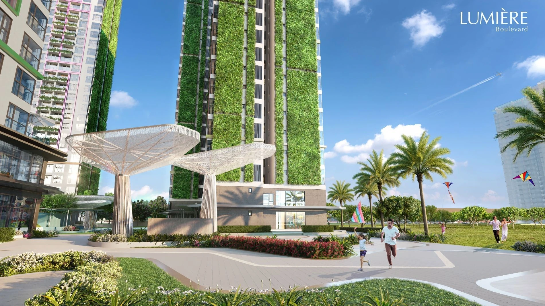 Thiết kế vườn treo thẳng đứng xanh mát tại mặt ngoài tòa nhà Lumiere Boulevard