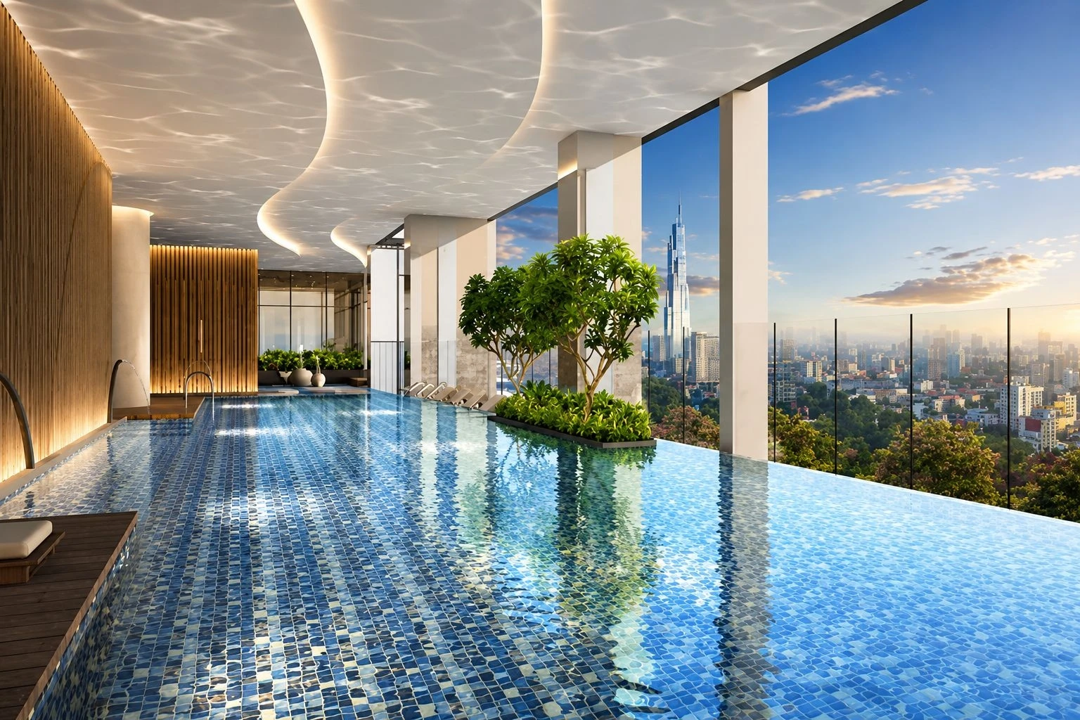 Hồ bơi vô cực trên cao với tầm nhìn toàn cảnh thành phố và Landmark 81 tại Mozac Thảo Điền