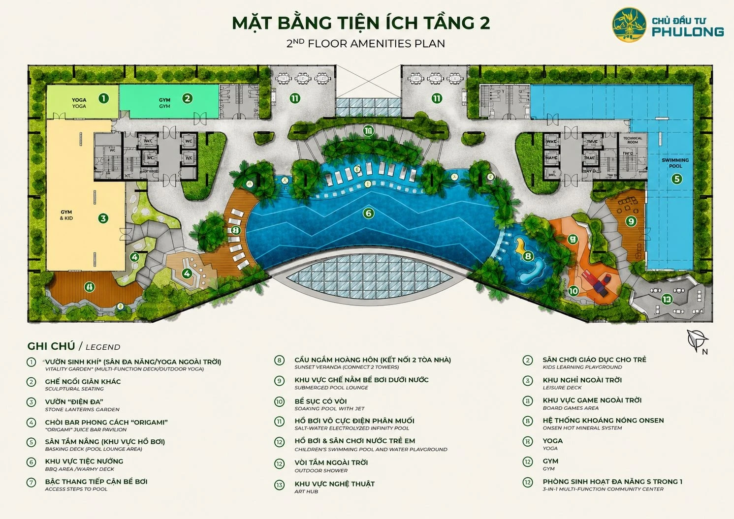 Sơ đồ bố trí mặt bằng tiện ích tầng 2 tập trung vào các hoạt động chăm sóc sức khỏe tại Essensia Sky