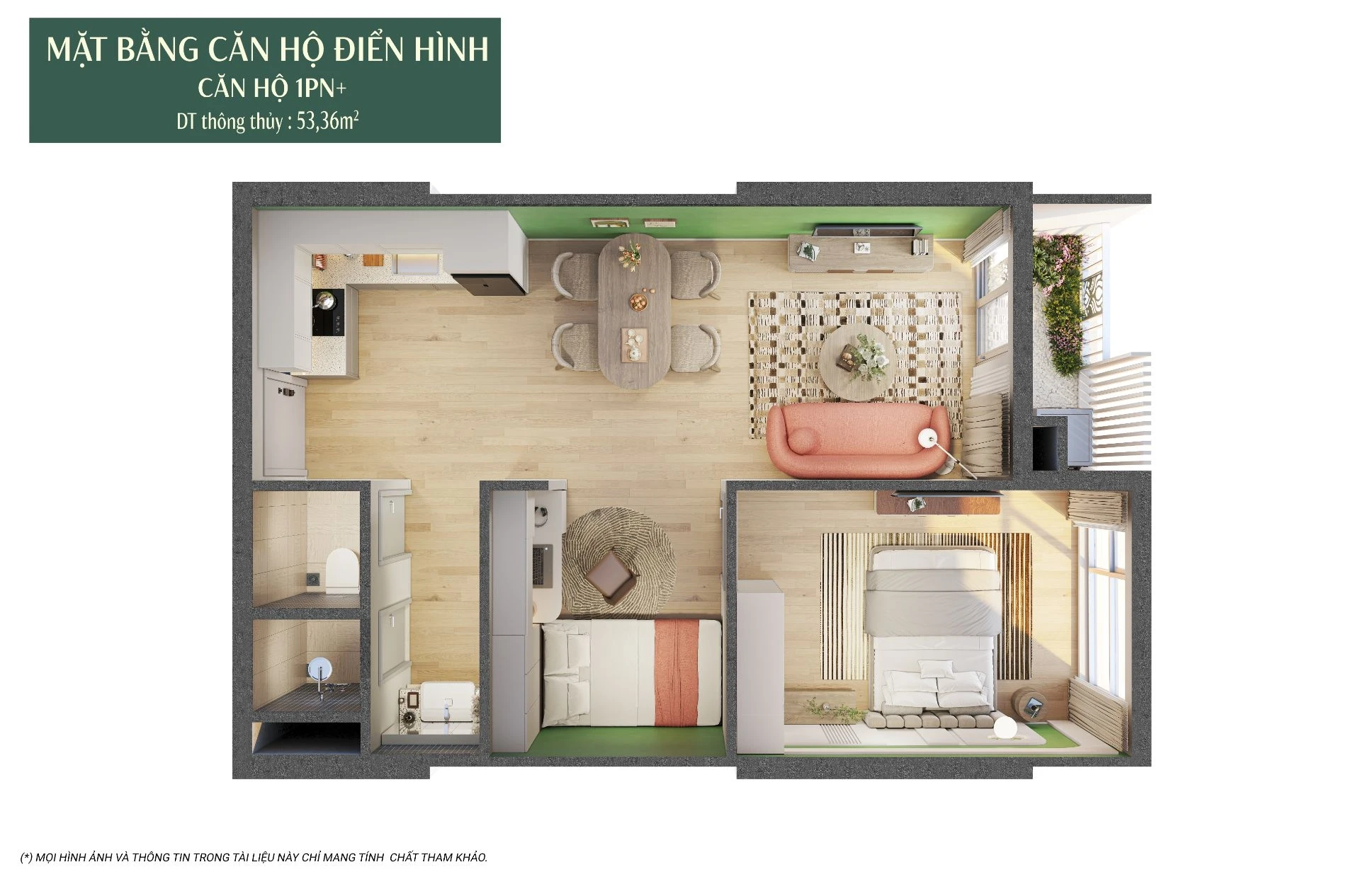 Bản vẽ 3D bóc mái căn hộ 1 phòng ngủ cộng diện tích 53.36m2