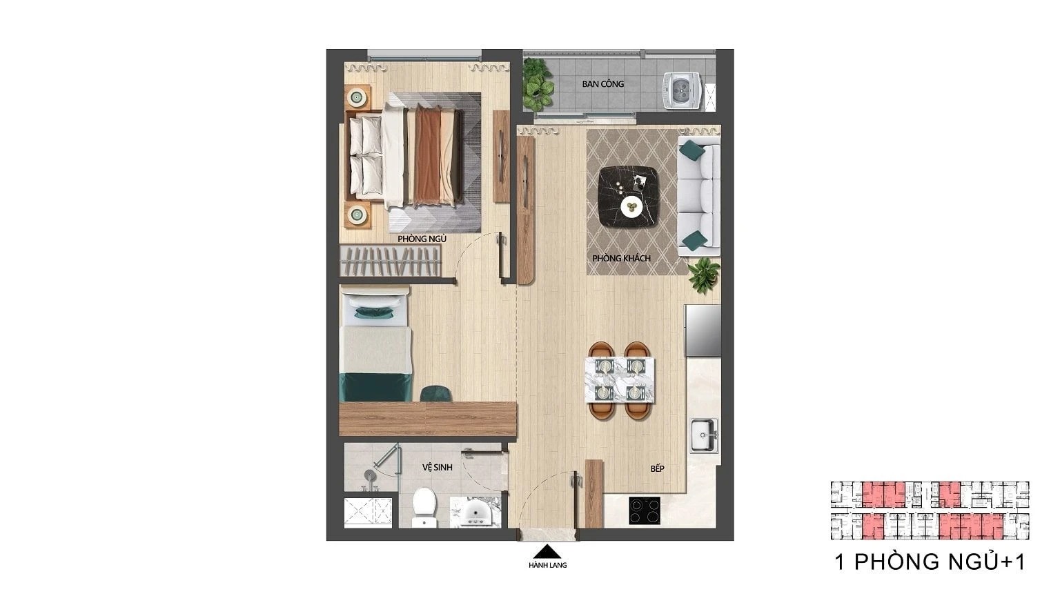 Bản vẽ thiết kế căn hộ 1PN+1 đa năng tại dự án The Pathway Sầm Sơn