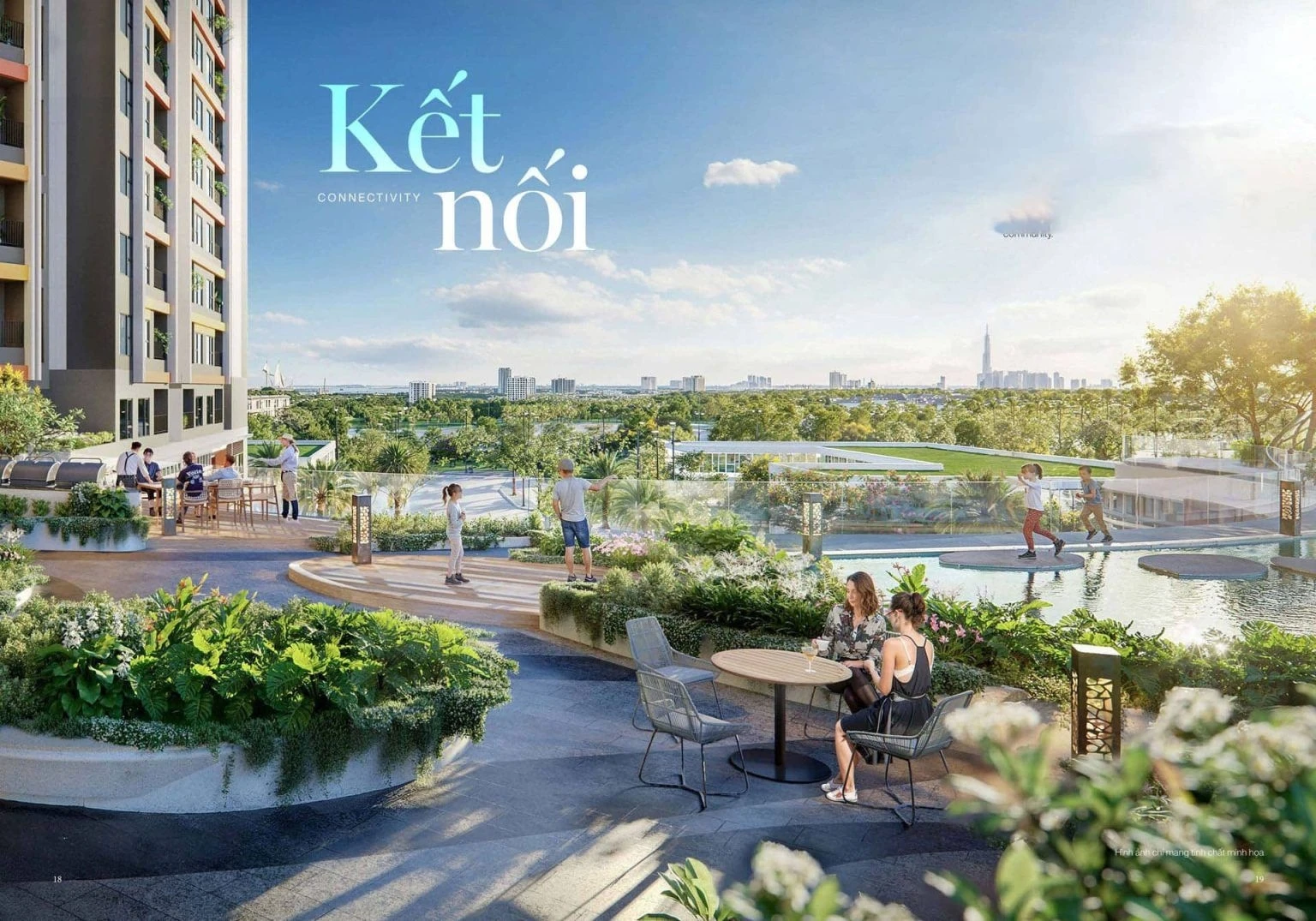 Khu vực sinh hoạt chung ngoài trời với bàn ghế và cảnh quan nước tại Palm City