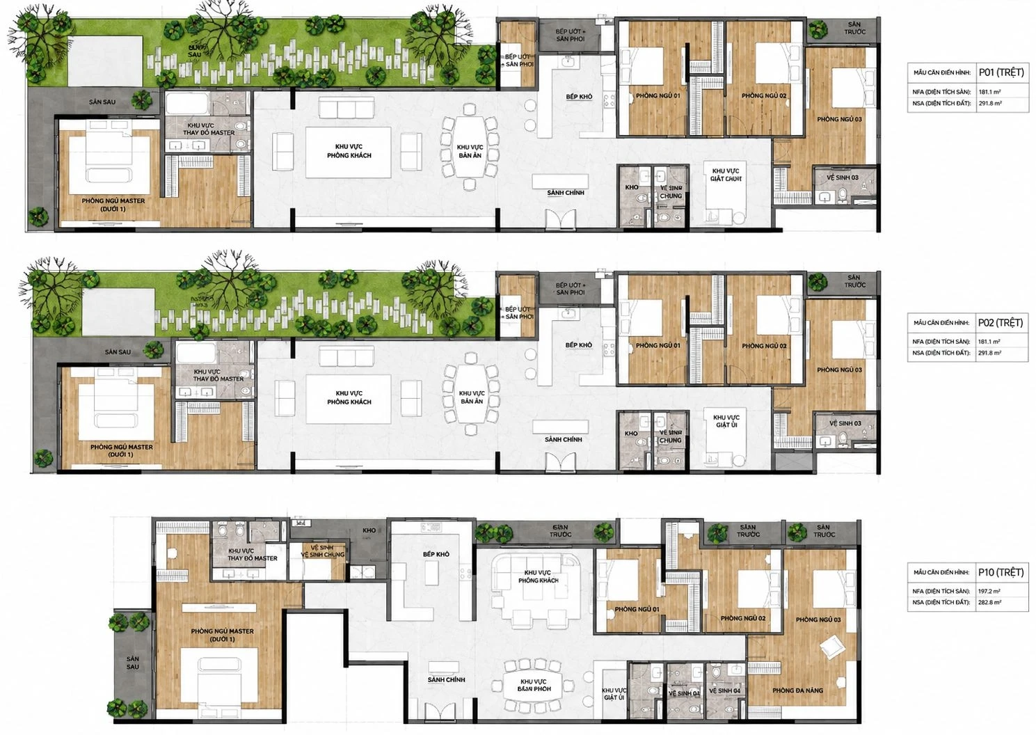 Bản vẽ layout căn hộ tầng trệt có sân vườn loại P01, P02, P10 dự án Elysian Thủ Đức