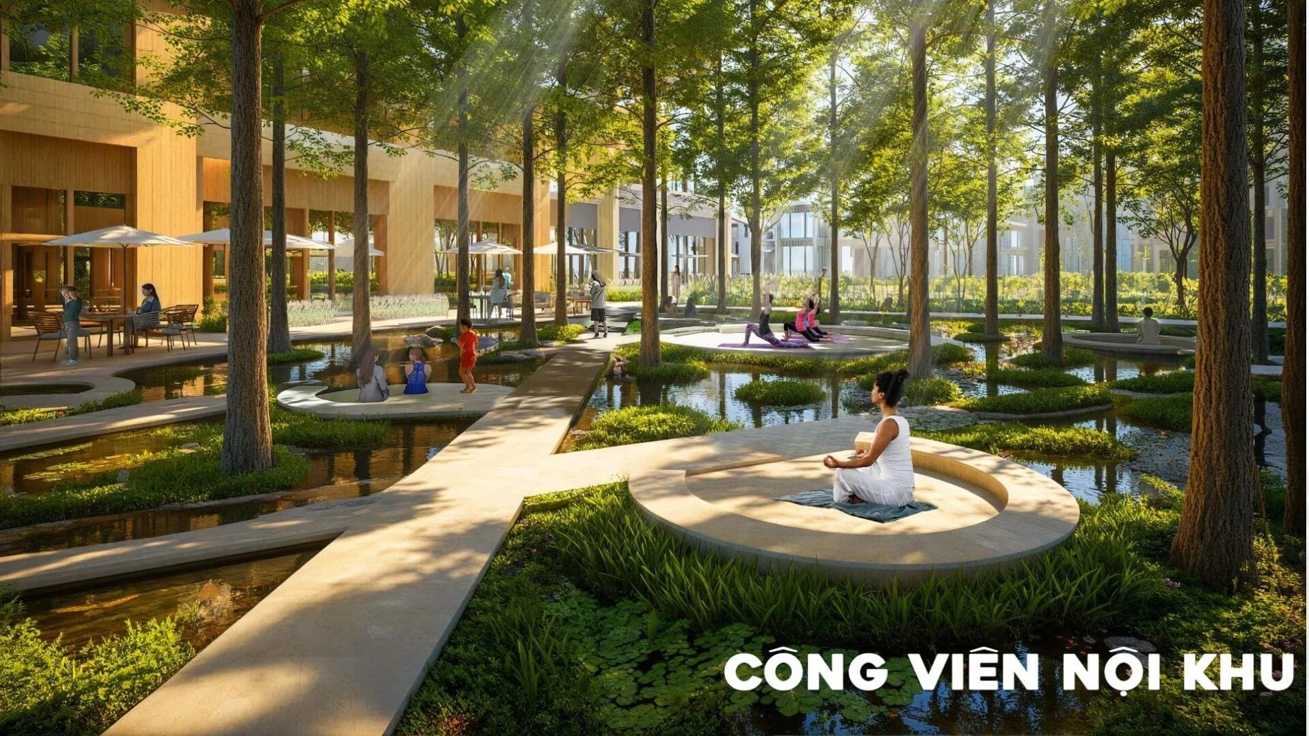 Cư dân tập yoga và thư giãn tại khu vực công viên nội khu rợp bóng cây xanh