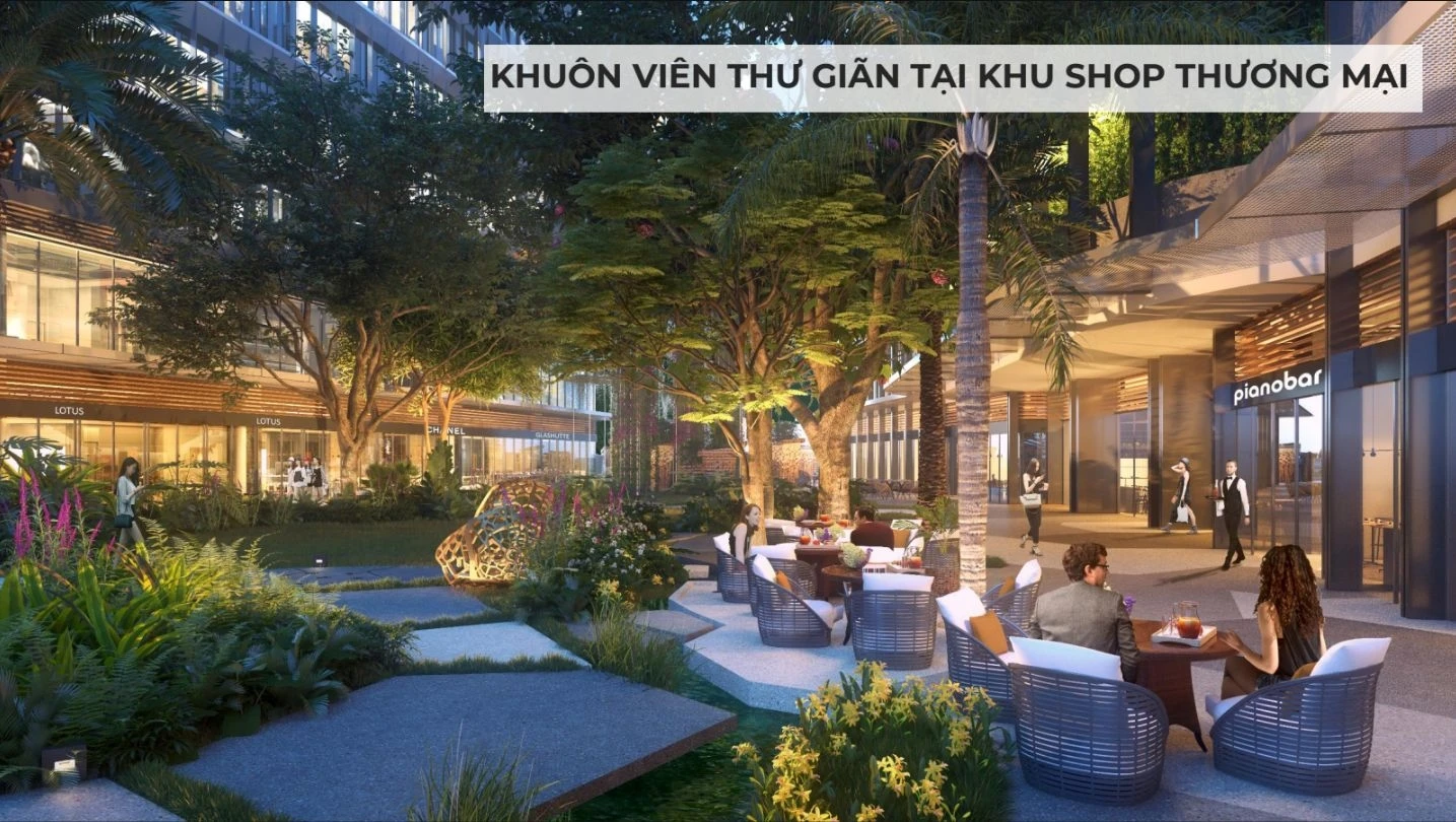 Khách hàng ngồi thư giãn tại quán cafe khu vực shophouse Lumière Riverside