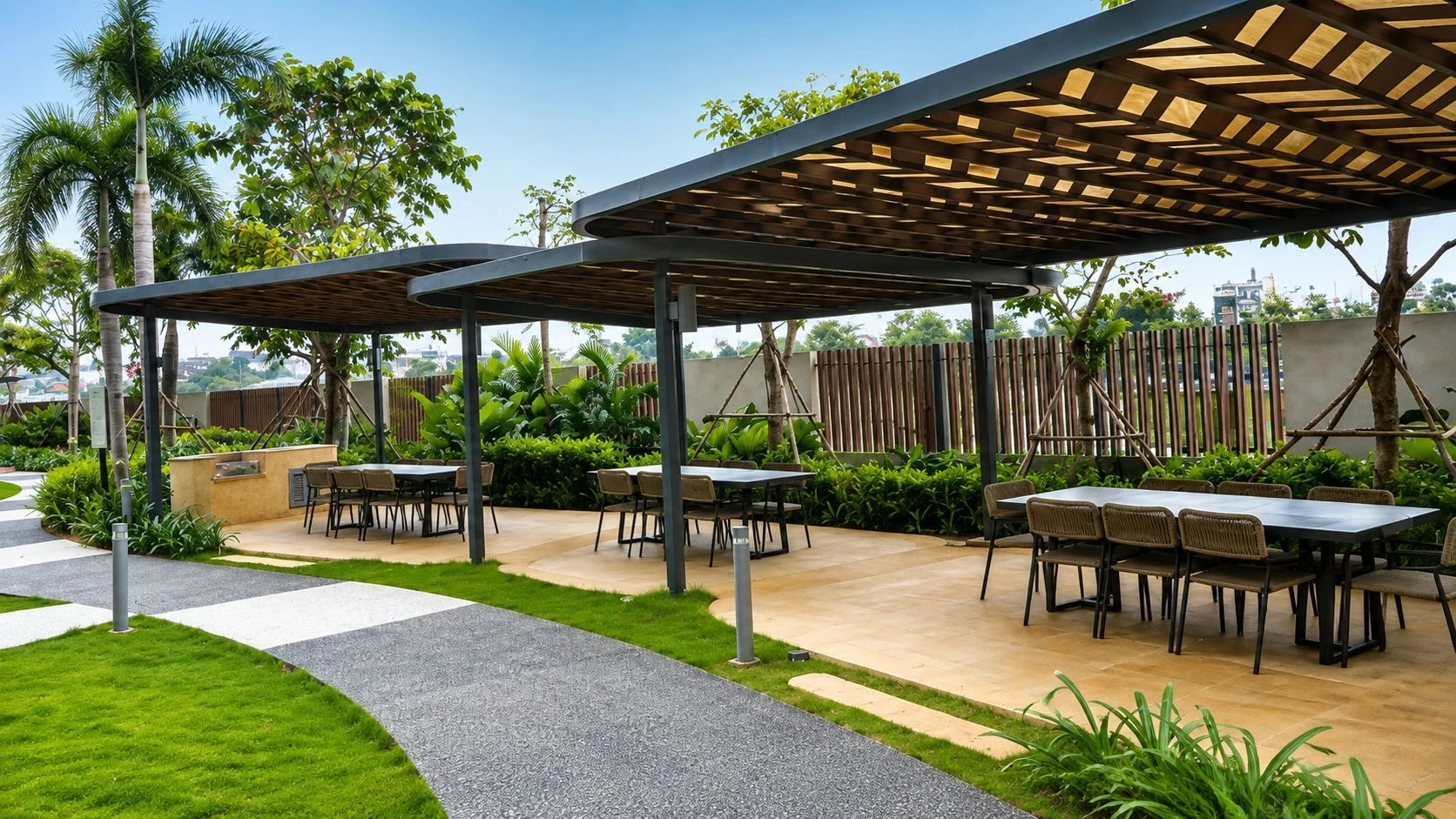 Bàn ghế và bếp nướng được bố trí dưới giàn che lam gỗ tại khu BBQ Palm Heights.