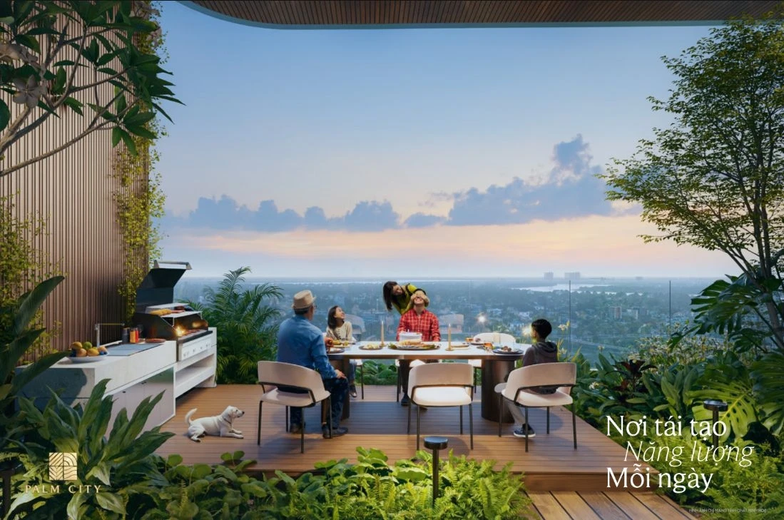 Gia đình đang tổ chức tiệc nướng BBQ ngoài trời với tầm nhìn hoàng hôn tại Palm City